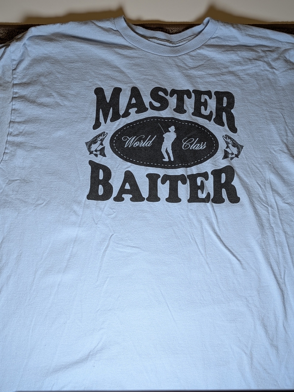Master Baiter Fishing T Shirt Size 2XL Light Blue Novelty Funny Bait Graphic Tee
